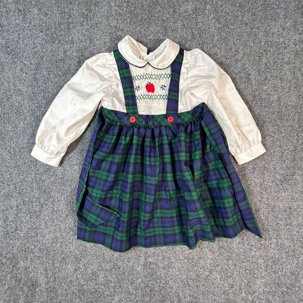 Polly Flinders Vintage Girls‎ Smocked Plaid Dress Size 4 Green Navy Apple